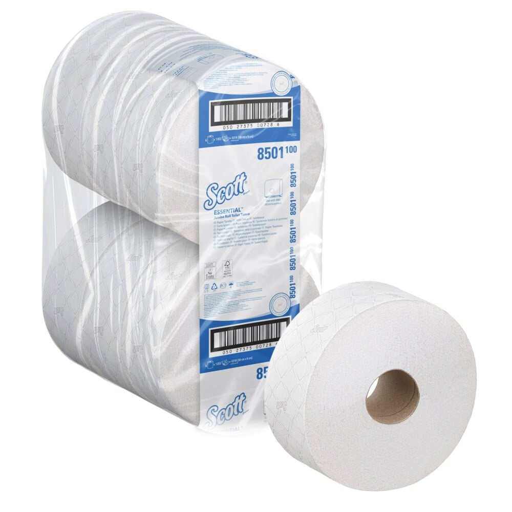 Eine durchsichtige Kunststoffverpackung enthält sechs weiße Rollen Scott® ESSENTIAL™ Jumbo Toilettenpapier von Kimberly-Clark GmbH. Jede Rolle ist mit einem dezenten Prägemuster versehen, das für zusätzliche Weichheit und Qualität sorgt.