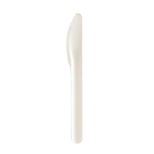 Ein Messer PLUMA Papierfaser 165 mm von Duni GmbH steht vertikal vor weißem Hintergrund. Das Messer aus weißem Papier ist umweltfreundlich, biologisch abbaubar und hat einen glatten Griff sowie eine gezackte Schneide. Packung à 100 Stück.