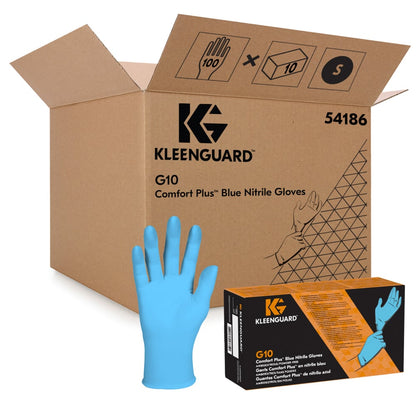 Eine große geöffnete Schachtel mit der Aufschrift "KleenGuard® G10 Comfort Plus Blaue Nitril-Handschuhe - 24 cm, beidhändig tragbar" von Kimberly-Clark GmbH sowie ein blauer Handschuh, eine kleine Handschuhbox und Symbole für 100 Stück/Box und Größe S - ideal für chemischen Handschutz.