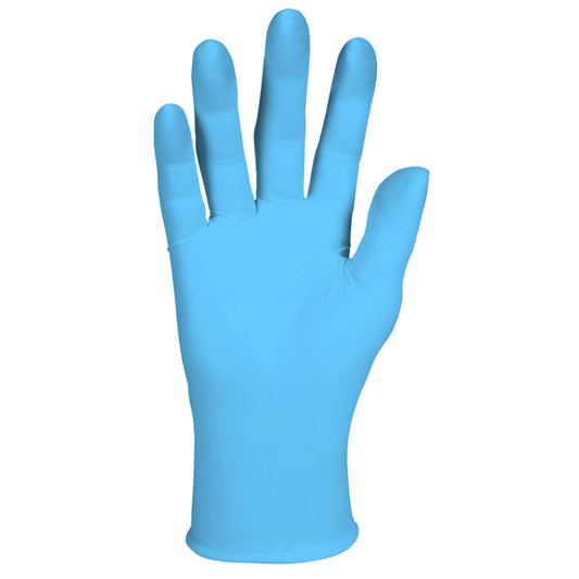 Ein einzelner KleenGuard® G10 Comfort Plus blauer Nitril-Handschuh von Kimberly-Clark GmbH (24 cm, beidhändig tragbar) wird aufrecht mit gespreizten Fingern vor weißem Hintergrund gezeigt.