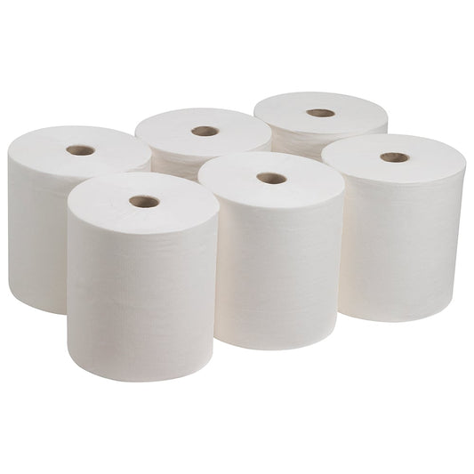 Sechs große weiße Kleenex® Ultra™ Handtücher von Kimberly-Clark GmbH (6 Rollen) sind in zwei Dreierreihen auf einem einfarbigen Hintergrund angeordnet. Jede unbenutzte Rolle, die sich ideal zum hygienischen Händetrocknen eignet, verfügt über eine zentrale Pappröhre.