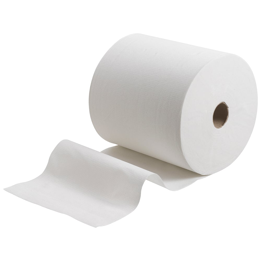 Die Kleenex® Ultra™ Handtücher - Rolle von Kimberly-Clark GmbH, abgebildet mit ausgerollten Blättern auf weißem Hintergrund, bietet hygienisches Händetrocknen. Die Packung enthält 6 weiße Rollen, ideal für den Einsatz in Waschräumen.