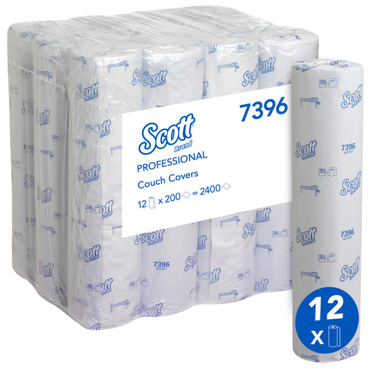 Eine Großpackung Kimberly-Clark GmbH Scott® Ärzterollen (38 x 51 cm), ideal für die hygienische Patientenversorgung auf Untersuchungstischen, Modell 7396. Enthält 12 Rollen (2400 Blatt); eine Rolle ist neben der Hauptverpackung abgebildet.