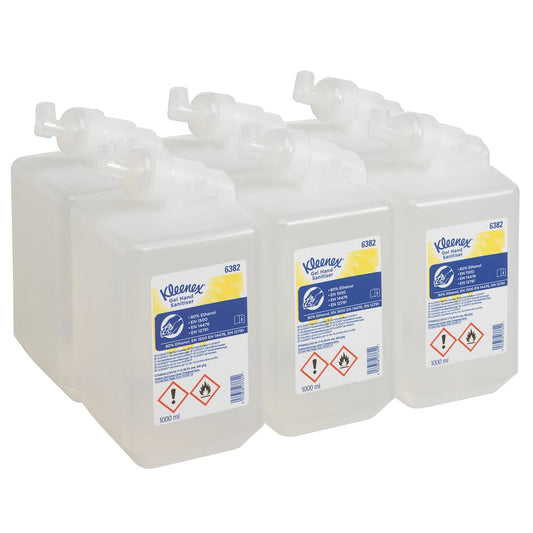 Sechs transparente 1L Kleenex® Extra Gel Händedesinfizieren Kassetten von Kimberly-Clark GmbH - Karton mit 6 Stück, mit klarem Design und Sicherheitsetikett - ideal für eine effektive Händedesinfektion.