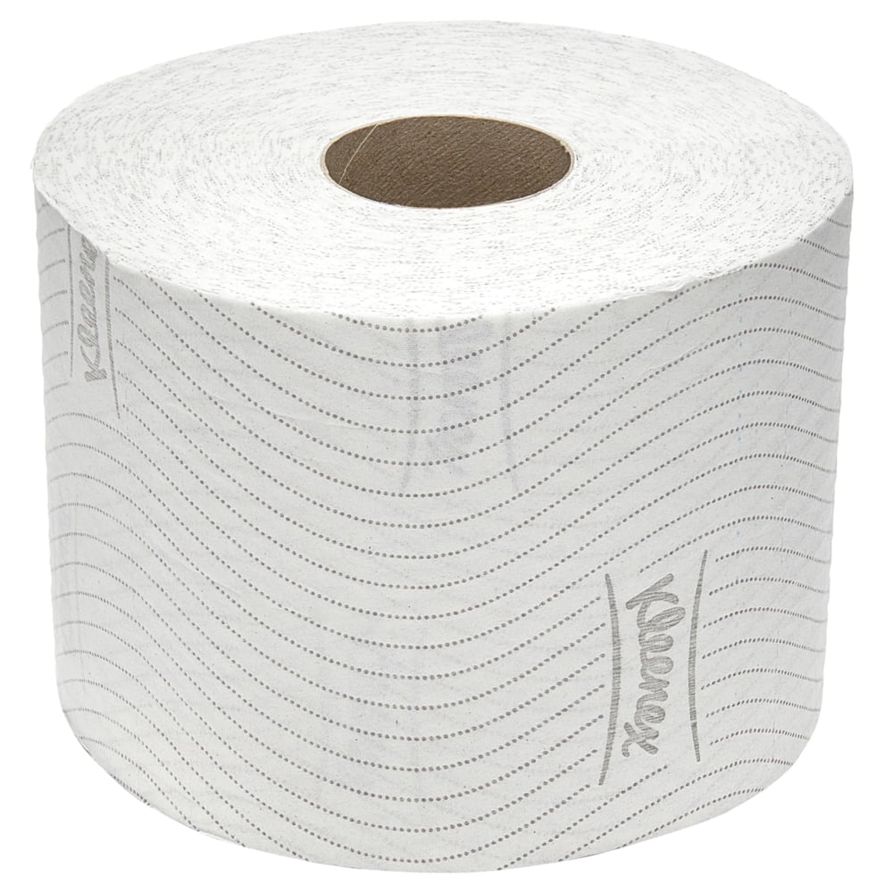 Eine Packung Kleenex® Toilettenpapier Standard/Weiß von Kimberly-Clark GmbH enthält 6 Packungen mit je 6 kleinen Rollen (600 Blatt/Rolle). Die Rollen sind mit einem Wellenlinienmuster und einem Logo versehen, das unbenutzt auf einem einfarbig weißen Hintergrund abgebildet ist.