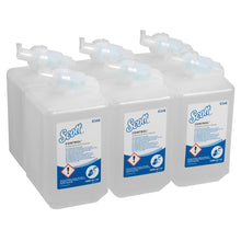 Sechs transparente 1-Liter-Kassetten der Scott® Anti Bac Foam Soap von Kimberly-Clark GmbH, abgebildet auf weißem Hintergrund - perfekt für Waschräume, die antibakterielle Schaumseife benötigen.