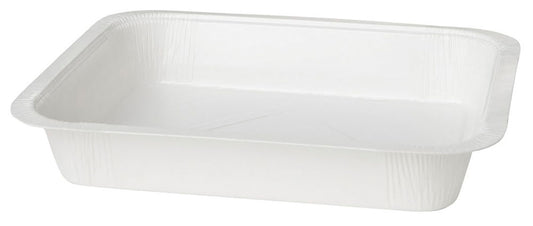Ein weißes, rechteckiges Siegelschalen Karton/PET Tray der Duni GmbH mit leicht erhabenen Rändern, schräg dargestellt vor einem schlichten Hintergrund. Ideal als umweltfreundliche Lebensmittelverpackung für diverse Anwendungen.