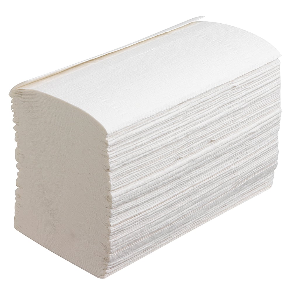 A stack of Scott® Control™ Interfold Hand Towels, white, small (15 clips x 304 sheets), from Kimberly-Clark GmbH, rectangularly arranged with visible edges for efficient hand drying. Carton contains 15 packs.