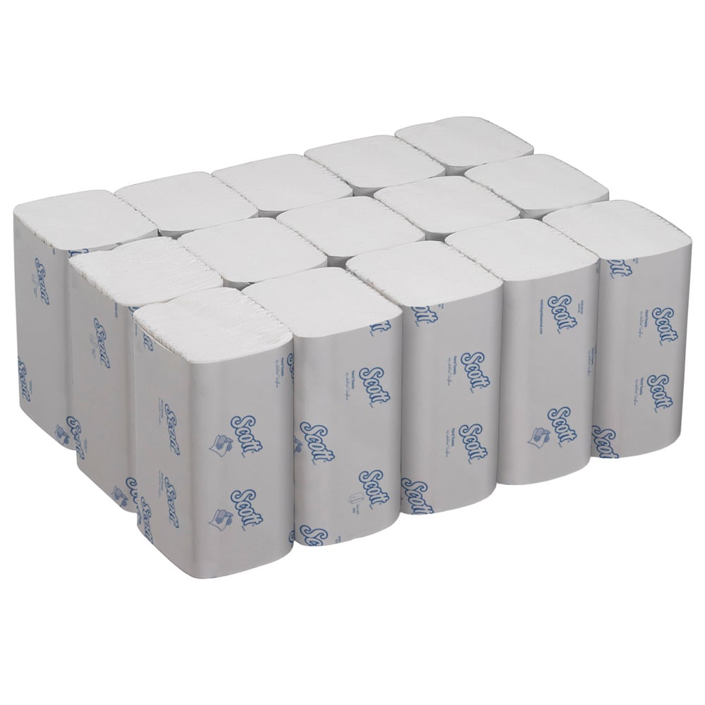 A stack of individually wrapped Scott® Control™ Interfold Hand Towels from Kimberly-Clark GmbH (white, small, 15 x 304 sheets) in a carton - ideal for hand drying or use with interfold towels.
