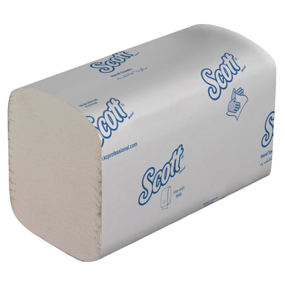 A stack of folded Scott® Control™ Hand Towels in white packages, labeled with blue text and symbols for hand drying. Each carton contains 15 small packages (each 304 sheets) from Kimberly-Clark GmbH.