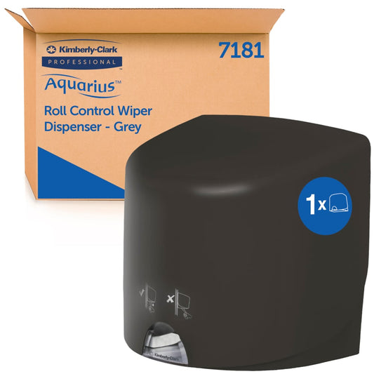 Abgebildet ist ein grauer Aquarius™ Wischtuch-Spender - Roll Control von Kimberly-Clark GmbH, perfekt für den professionellen Einsatz. Im Hintergrund ist eine "7181" Kimberly-Clark Professional Box zu sehen. Der Spender zeigt klare Symbole und einen blauen "1x"-Aufkleber.