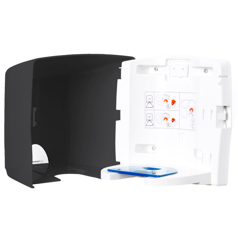 Der geöffnete Aquarius™ Wischtuch-Spender - Roll Control in grau von Kimberly-Clark GmbH offenbart im Inneren gedruckte Diagramme und Anleitungen, mit einem sichtbaren blauen Roll Control System am Boden.