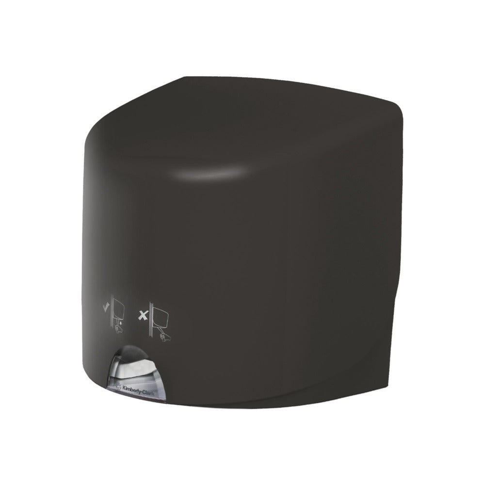 A gray Aquarius™ towel dispenser - Roll Control by Kimberly-Clark GmbH stands against a white background, with a small window showing a visible paper towel and a simple instruction guide on the front, designed for professional use.