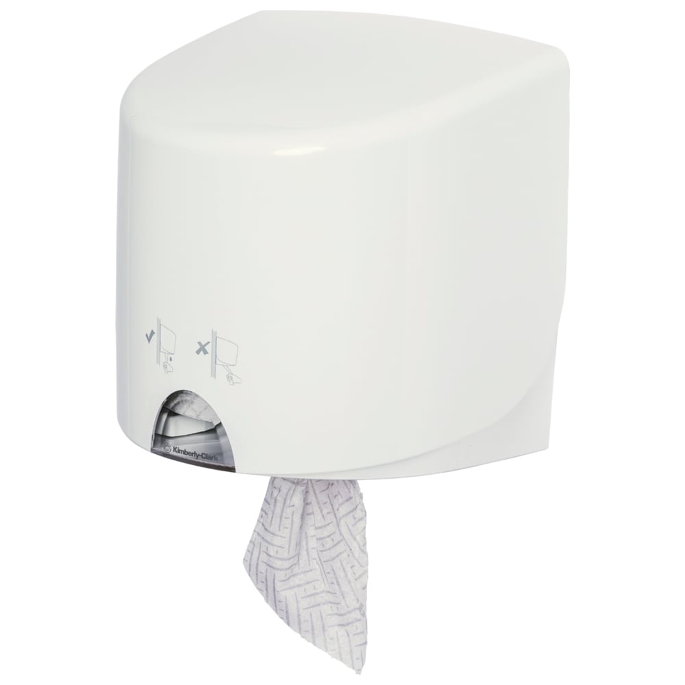 Der Kimberly-Clark Aquarius™ Wischtuch-Spender - Roll Control in Weiß ist ein wandmontierter Spender, bei dem ein einzelnes Handtuch sichtbar ist. Auf der Vorderseite sind Gebrauchsanweisungen und hygienische Roll Control-Merkmale abgebildet. 1 Spender pro Karton.