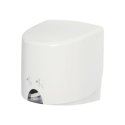 Der Aquarius™ Wischtuch-Spender - Roll Control in Weiß von Kimberly-Clark GmbH ist ein weißer, wandmontierter Spender für die hygienische Reinigung in öffentlichen Toiletten.