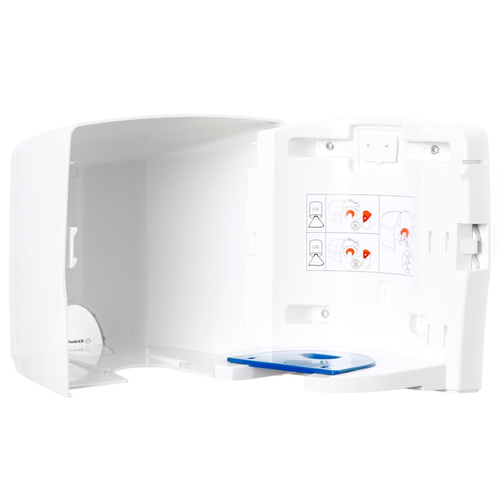 Der geöffnete Aquarius™ Wischtuch-Spender - Roll Control (Weiß) von Kimberly-Clark GmbH offenbart seine Fächer und ein innenliegendes Anleitungsdiagramm mit Bildern und roten Pfeilen zur hygienischen Reinigung.