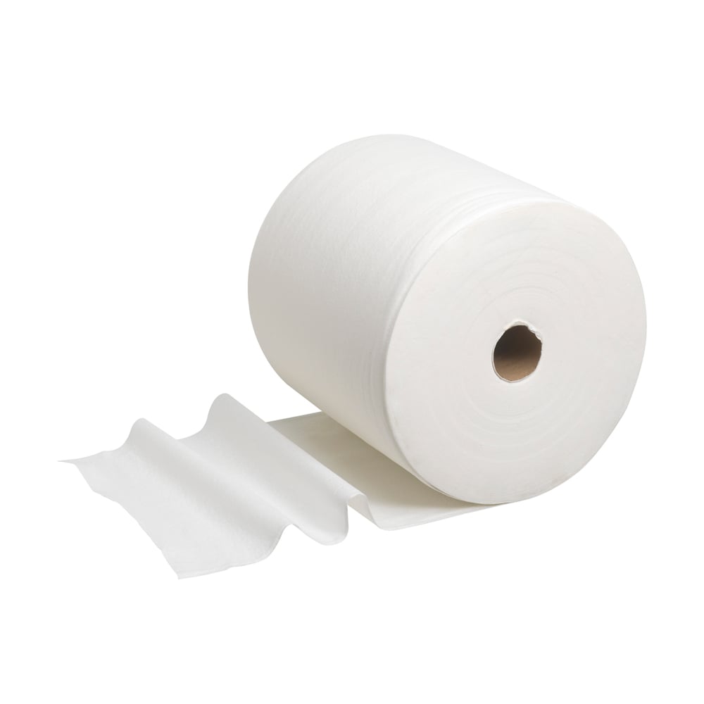 Eine WypAll® L40 Wischtücher Großrolle in Weiß (1 Rolle x 875 Tücher) von Kimberly-Clark GmbH ist teils abgerollt auf weißem Grund zu sehen-ideal für effiziente industrielle Reinigung.