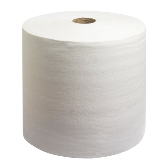 Eine WypAll® L40 Wischtücher Großrolle von Kimberly-Clark GmbH (1 Rolle, 875 Tücher, Weiß) steht aufrecht vor weißem Hintergrund und zeigt den Kartonkern in der Mitte.
