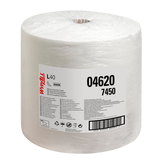 Eine große weiße WypAll® L40 Wischtücher Großrolle der Kimberly-Clark GmbH ist in Plastik eingewickelt und zeigt ein Produktetikett mit dem Modell 04620 und 875 Blatt - ideal für die industrielle Reinigung - mit Barcodes und Anwendungshinweisen.