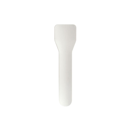 Ein flacher, rechteckiger weißer Eislöffel (95mm) aus Papierfaser von Duni GmbH, fotografiert auf weißem Hintergrund - eine umweltfreundliche Wahl für nachhaltige Küchen. Verkauft in Packungen mit 100 Stück.
