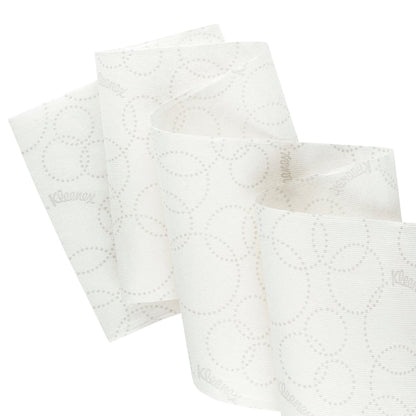 A part of the Kleenex® Ultra™ roll towels, 2-ply, white with subtly dotted circles and "Kleenex" logo, from Kimberly-Clark GmbH, depicted as a hygienic towel solution. Package: 6x200m rolls per carton.
