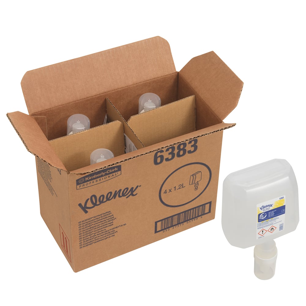 Eine braune Schachtel der Kimberly-Clark GmbH mit der Aufschrift "Kleenex® Extra Gel Händedesinfizieren 6383" enthält vier transparente elektronische 1,2-Liter-Nachfüllkassetten für die Handhygiene; eine davon zeigt eine weiße Düse und ein blau-gelbes Etikett außerhalb der Schachtel.