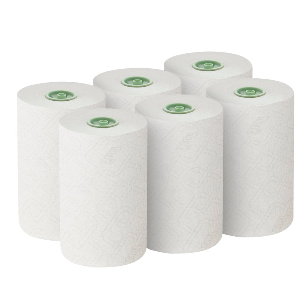 Six white Scott® Essential™ roll towels E-roll Slimroll™ from Kimberly-Clark GmbH are arranged in two rows of three. Each 1-ply, 180 m long roll has a green core and a fine texture, ideal for efficient use. The box contains 6 rolls.