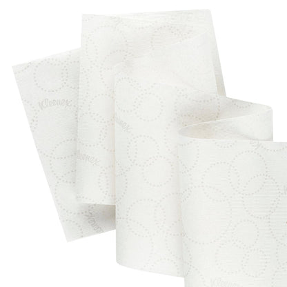 Kleenex® roll towels E-roll Large from Kimberly-Clark GmbH made of white, 1-ply recycled paper with a subtle dot pattern and faint branding - ideal for hygienic hand drying (6x250m rolls per carton).