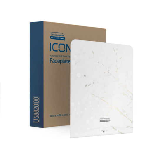 Abgebildet ist die Kimberly-Clark Professional™ Icon™ Dispenser Faceplate - eHRT (33,02 x 37,47 x 3,18 cm) von Kimberly-Clark GmbH, eine rechteckige weiße Faceplate mit abstraktem Muster - perfekt für jede Hygienelösung.