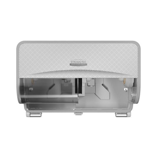 Frontansicht des grauen, wandmontierten Kimberly-Clark Professional™ Icon™ Toilettenpapierspenders - Kleinrollen von Kimberly-Clark GmbH mit gemusterter Abdeckung und transparentem Unterteil, das den Blick auf den inneren Mechanismus freigibt.