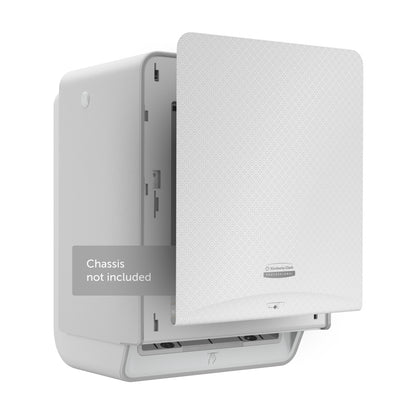 Ein weißes Kimberly-Clark Professional™ Icon™ Dispenser Faceplate - eHRT (33,02 x 37,47 x 3,18 cm) der Kimberly-Clark GmbH, abgebildet mit geöffneter Frontabdeckung und der Beschriftung "Chassis nicht enthalten", ist auf einem weißen Hintergrund montiert.