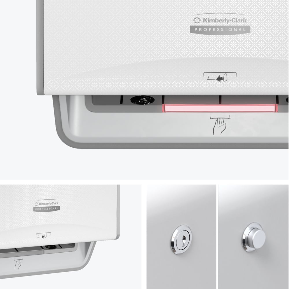 Der Kimberly-Clark Professional™ Icon™ Elektronischer Handtuchspender in Weiß von Kimberly-Clark GmbH wird aus mehreren Blickwinkeln gezeigt, wobei die berührungslose Bedienung, der Sperrmechanismus, das Papiersymbol und der Schlüsselschlitz für hygienisches Händetrocknen hervorgehoben werden.