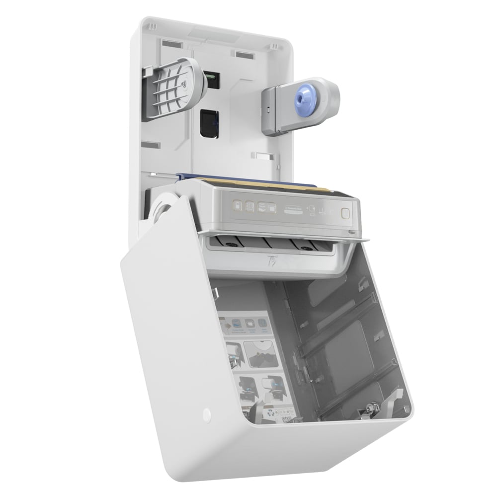 Der Kimberly-Clark Professional™ Icon™ Electronic Rolled Handtuchspender in Weiß von Kimberly-Clark GmbH wird mit geöffneter Klappe an der Wand montiert und zeigt Fächer, Anschlüsse, bebilderte Anleitungen und einen Sensor für berührungsfreies hygienisches Händetrocknen.