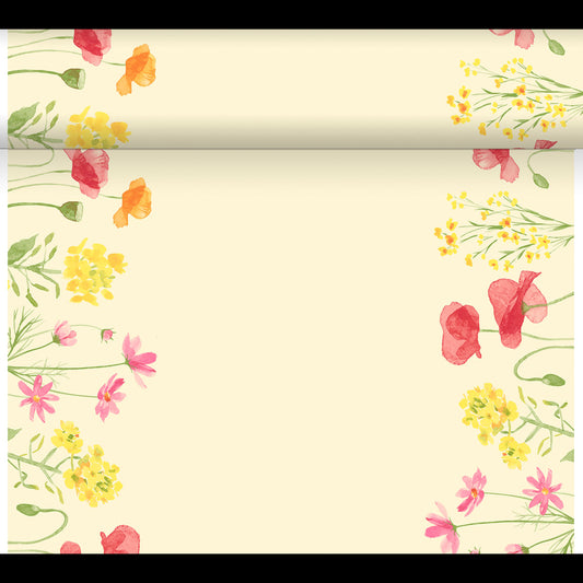 Ein blassgelbes DC-Tete a Tete 0,4x24m von Duni GmbH ist mit aquarellierten rosa, gelben und roten Wildblumen an den Rändern versehen, die an einen charmanten Garten erinnern. Die Mitte ist frei zum Schreiben oder Zeichnen.