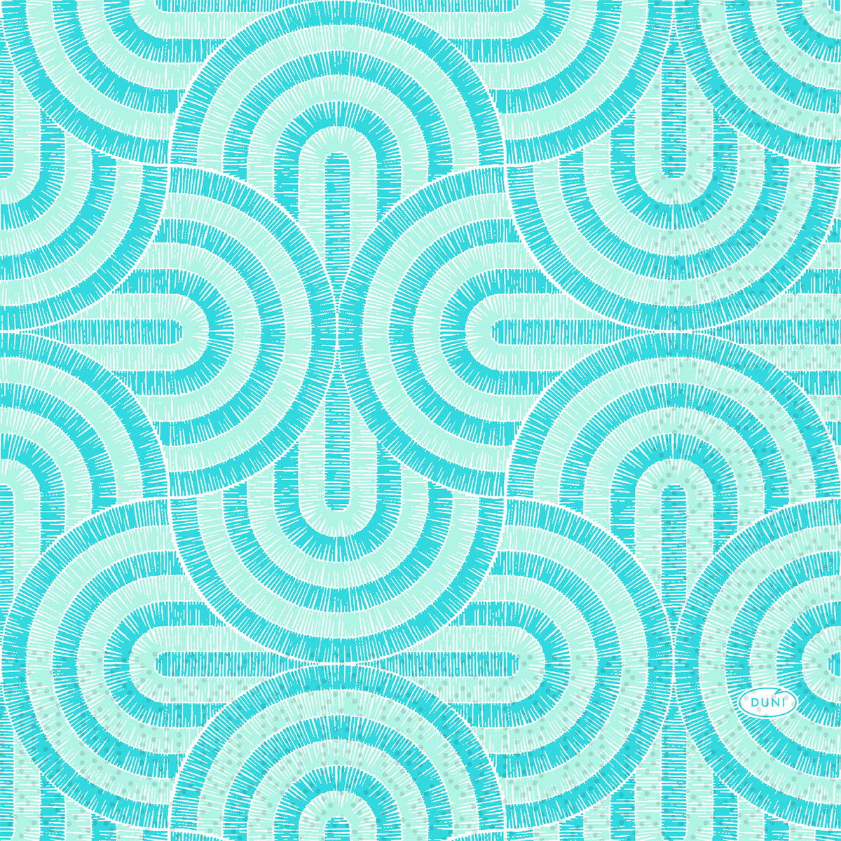 Überlappende türkisfarbene Halbkreise mit strahlenförmigen Linien bilden ein geometrisches Muster auf einem hellen mintblauen Breeze-Hintergrund. Die 3-lagigen Servietten Serv.33x33 1/4 (250er-Pack) der Duni GmbH sind mit einem "DUNI"-Logo in der rechten unteren Ecke versehen.