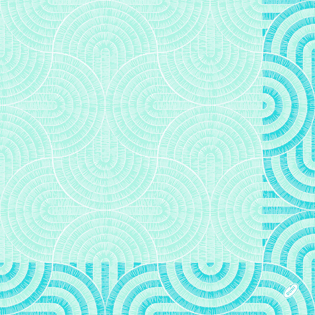 Ein geometrisches Muster aus sich überschneidenden Halbkreisen und Bögen in mintblau und weiß mit feinen Linien, konzentriert auf den rechten Rand. Ein kleines weißes ovales Etikett mit der Aufschrift "hochwertige Papierservietten". Duni GmbH Serv.40x40 3lg 1/4 Breeze, 250 Stück.