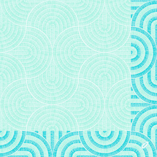 Ein geometrisches Muster aus sich überschneidenden Halbkreisen und Bögen in mintblau und weiß mit feinen Linien, konzentriert auf den rechten Rand. Ein kleines weißes ovales Etikett mit der Aufschrift "hochwertige Papierservietten". Duni GmbH Serv.40x40 3lg 1/4 Breeze, 250 Stück.