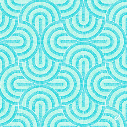Ein nahtloses geometrisches Muster aus sich überschneidenden tealfarbenen und weißen Halbkreisen mit feinen Ausstrahlungslinien, ideal für Dunisoft-Serv. 40x40cm Servietten von Duni GmbH.