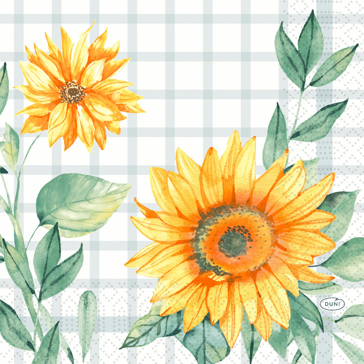Zwei gelbe Sonnenblumen mit grünen Blättern im Aquarellstil auf weißem Hintergrund mit blauem Karo, abgebildet auf Duni GmbH Serv.33x33 3lg 1/4 Sunflower day Servietten (250 Stück, 33x33 cm) - perfekt für jeden Anlass.