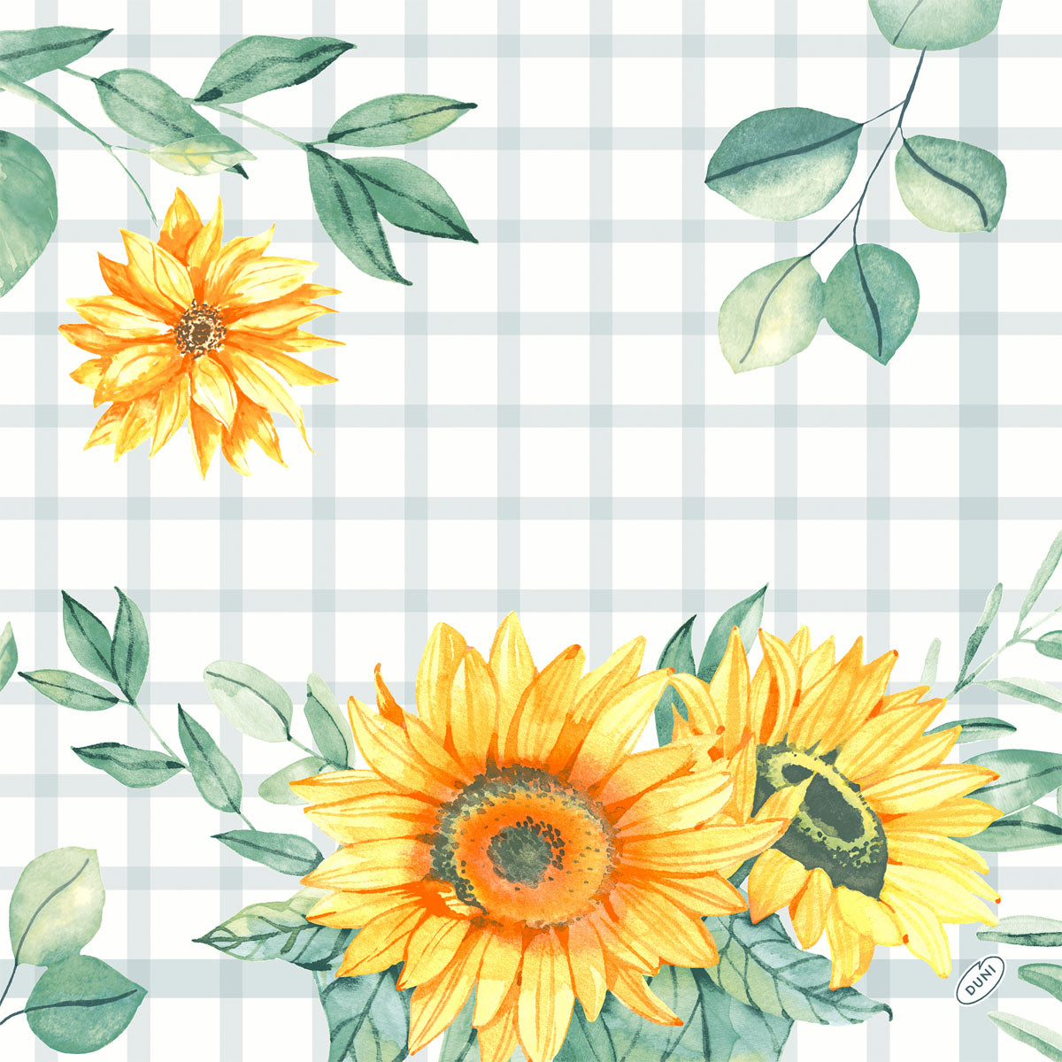 Ein charmantes Aquarell-Sonnenblumen- und grünes Blattmotiv auf hellblauem, kariertem Hintergrund ziert die Duni GmbH Serv.40x40 4lg Klassik Sunflower Tagesservietten (50 Stück), perfekt für Ihre Tischdeko.