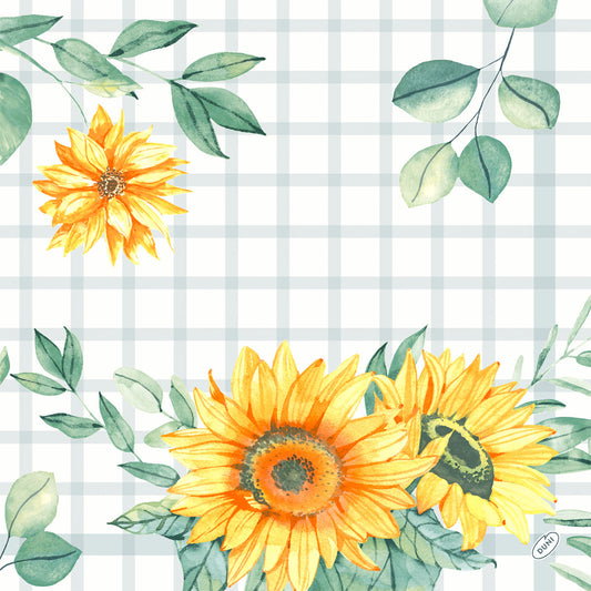 Ein charmantes Aquarell-Sonnenblumen- und grünes Blattmotiv auf hellblauem, kariertem Hintergrund ziert die Duni GmbH Serv.40x40 4lg Klassik Sunflower Tagesservietten (50 Stück), perfekt für Ihre Tischdeko.