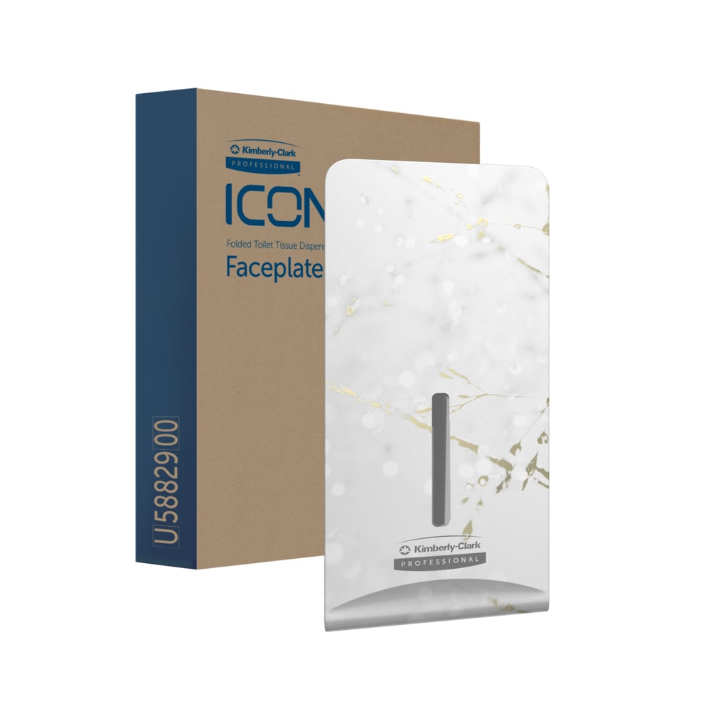 Eine rechteckige Schachtel mit der Aufschrift "Kimberly-Clark Professional™ Icon™ Dispenser Faceplate - FTT, 27,80 cm x 13,10 cm x 1,40 cm" steht hinter einer weiß-gold marmorierten Faceplate mit Schlitz, beides Markenzeichen der Kimberly-Clark GmbH - perfekt für moderne Waschräume.