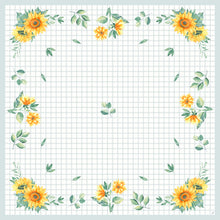 Ein quadratisches Dunicel-Mitteld. 84x84cm Sonnenblumen-Tischdecke von Duni GmbH zeigt ein Sonnenblumenmuster mit aquarellierten Sonnenblumen, gelben Blüten und grünen Blättern in jeder Ecke - ideal als Einweg-Tischdecke. Die Mitte ist frei gelassen; kleine Blattakzente säumen die Ränder.