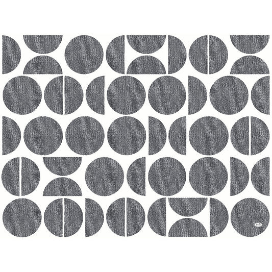 Ein schwarz-weißes geometrisches Muster aus Kreisen und Halbkreisen mit gepunkteter Struktur ziert die Duni GmbH Dunicel-Tischsets 30 x 40 cm Shapes | Packung (100 Stück), ideal für den modern und stilvoll gedeckten Tisch.
