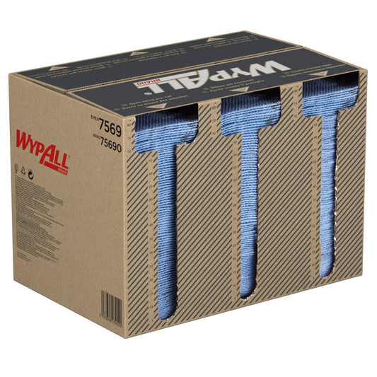 Die Kimberly-Clark GmbH WypAll® ForceMax Wischtücher, blau, viertelgefaltet (33,50 x 34,50 cm), kommen in einer Spenderbox mit 480 Tüchern und sind ideal für industrielle Reinigung; Karton zeigt Produktname und Nummer 75690.