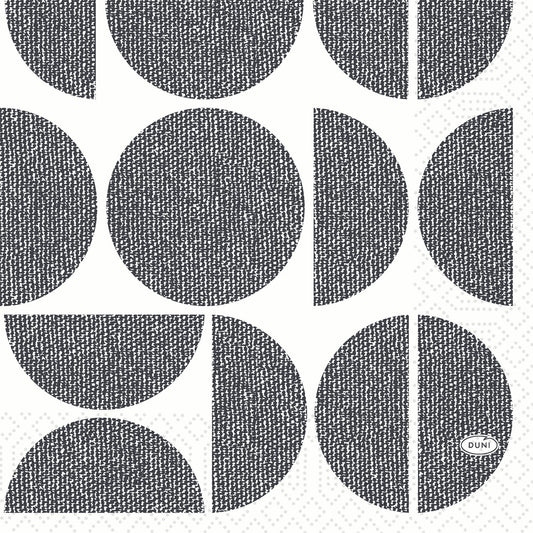 Die 3-lagigen Zelltuchservietten "Shapes" der Duni GmbH (33x33 cm, 1/4 Falz) zeigen strukturierte dunkelgraue Kreise und Halbkreise auf weißem, dezent gepunktetem Hintergrund. Der Schriftzug "DUNI" befindet sich im rechten unteren Halbkreis. Packung: 250 Servietten.