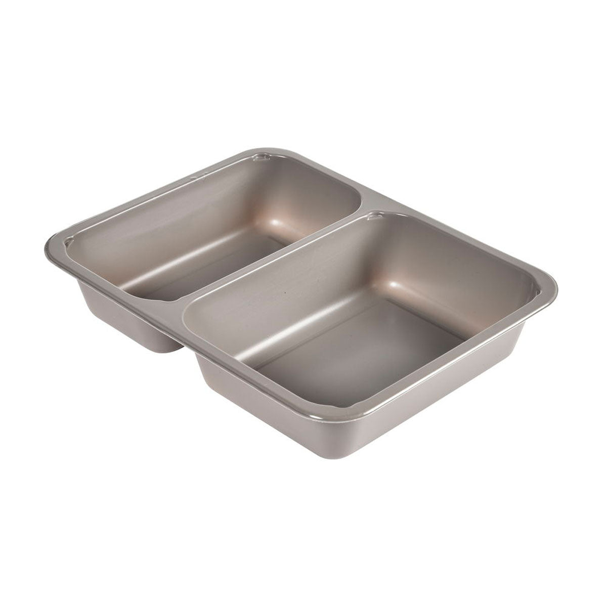 The Duni GmbH CPET tray 2 Gray (225x175x43 mm) features two equally sized rectangular compartments, ideal for use in the catering industry; depicted in gray on a white background. Available in packs of 300 pieces.