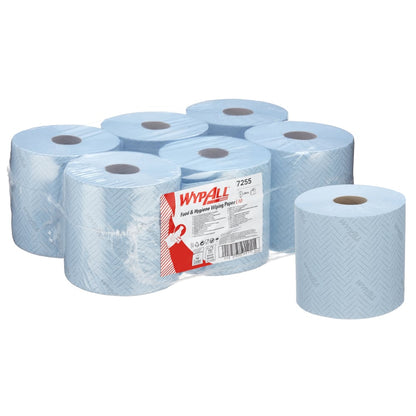 Six blue rolls of WypAll® L10 paper wipes for food & hygiene from Kimberly-Clark GmbH (6 rolls x 800 sheets), five wrapped in clear foil, one unwrapped at the front, depicted on a white background.