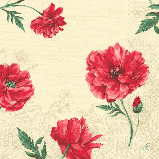 Die Zelltuchservietten 40 x 40 cm 3lagig Monique von Duni GmbH zeigen rote Mohnblumen und grüne Blätter auf einem beigen Hintergrund mit dezenter floraler Linienführung. Packung mit 250 Stück, mit kunstvoller botanischer Bordürengestaltung.