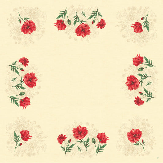 Die Dunicel-Mitteldecken 84 x 84 cm Monique von Duni GmbH haben einen cremefarbenen Hintergrund mit roten Nelken und grünen Blattbüscheln an den Ecken und Seiten, die eine florale, umweltfreundliche Bordüre bilden; die Mitte ist leer. Packung mit 20 Stück.